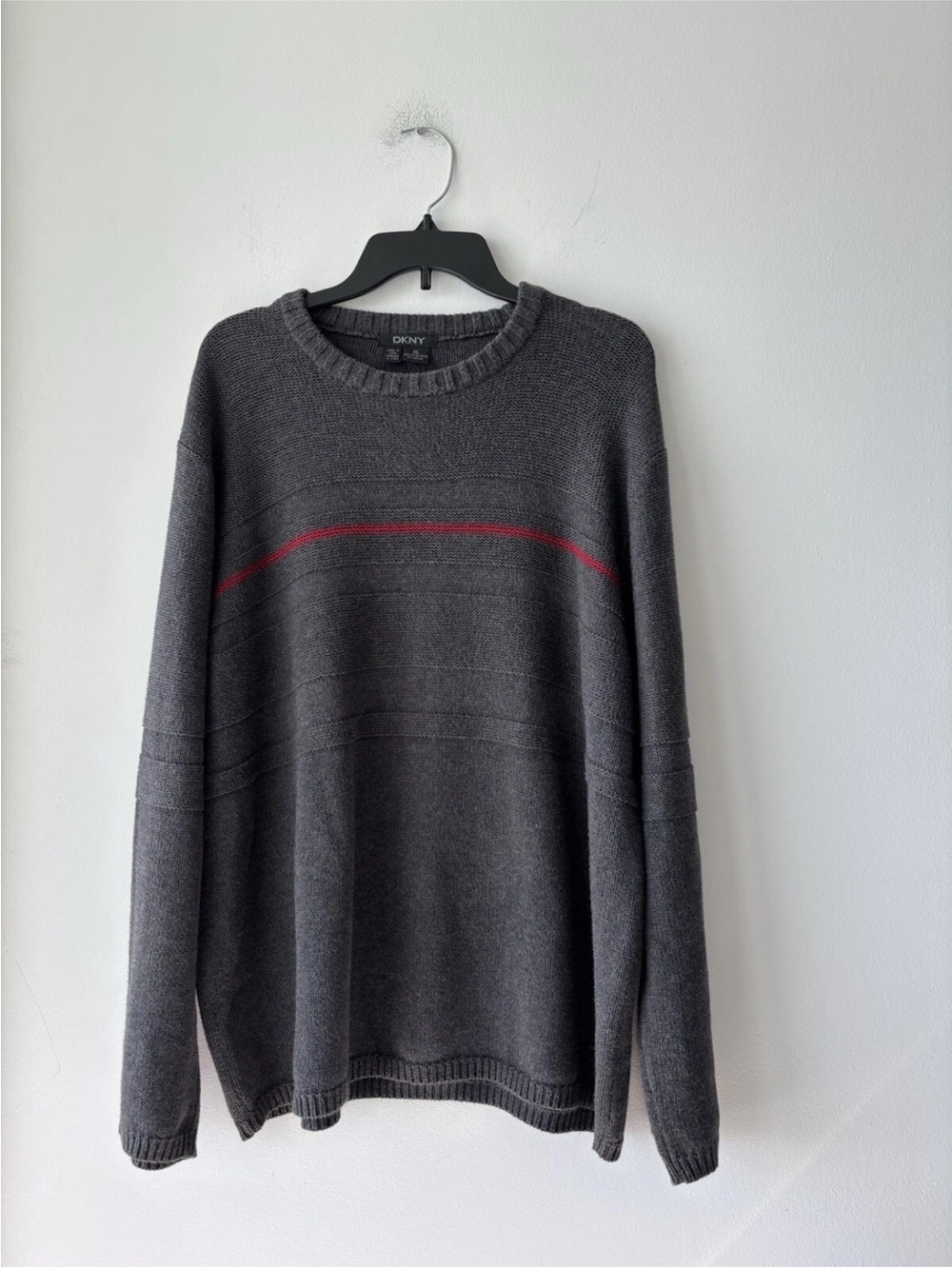 90s VTG DKNY Sweater Gray Red Stripe Pullover Long Sleeve Cotton Mens XL Preppy
